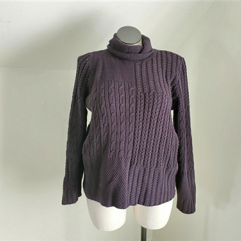 90s Vintage Black Patchwork Cable Knit Turtleneck Sweater size L